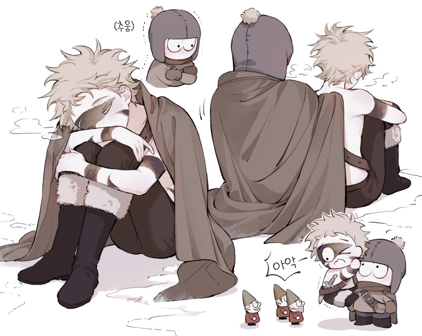 &gt;_o 0o0_w_o0 2boys blonde_hair bodypaint boots breath cape chibi chullo closed_eyes commentary craig_tucker facepaint fur-trimmed_boots fur_trim gnome highres hugging_own_legs knees_up korean_text male_focus messy_hair multiple_boys multiple_views one_eye_closed pants sitting sleeping south_park south_park:_the_stick_of_truth topless_male translation_request trembling tweek_tweak