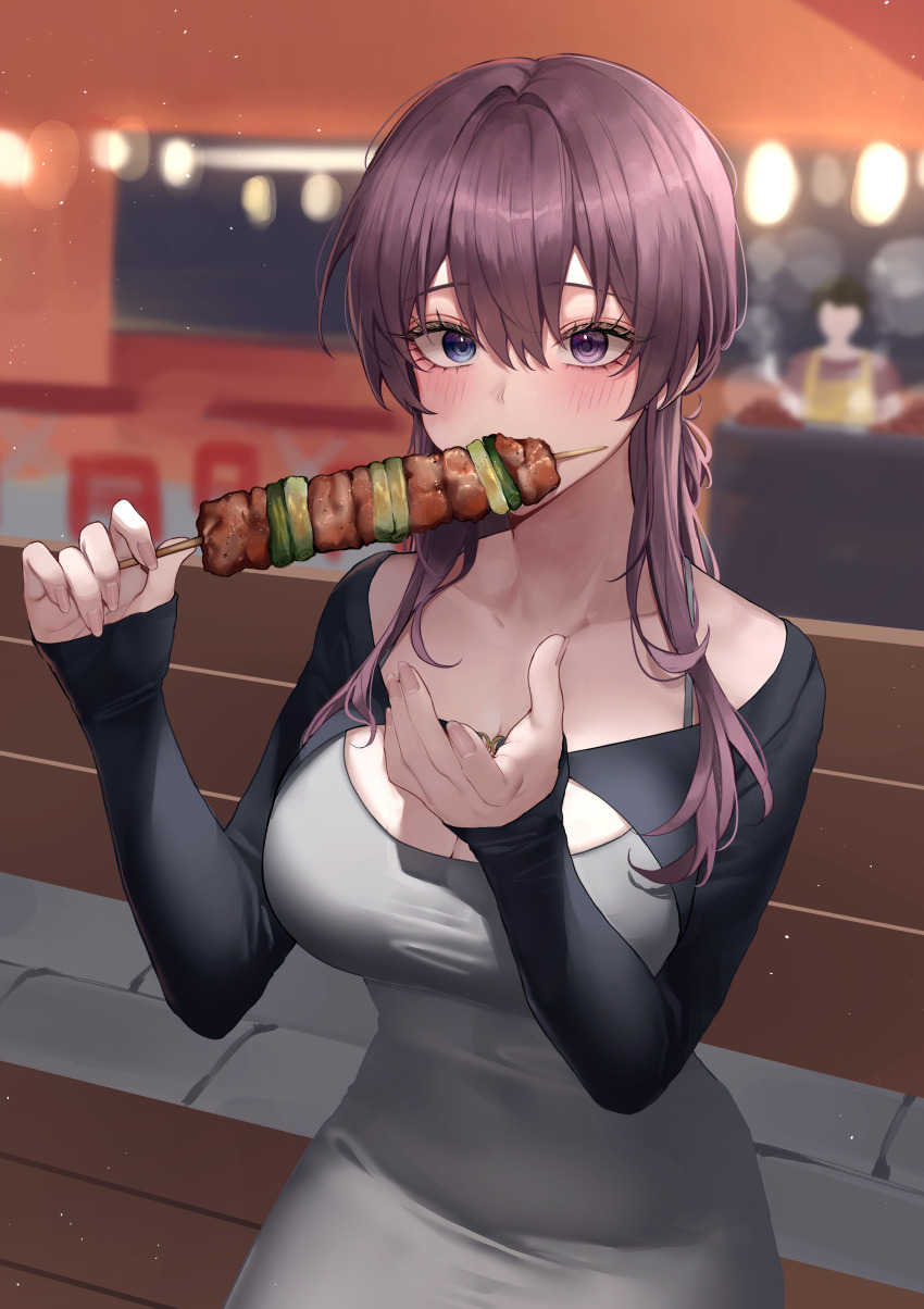 1girl absurdres blue_eyes blurry blurry_background blush breasts ciel_lumiere cleavage commentary dated_commentary dress eating food grey_dress hair_between_eyes hand_up heterochromia highres holding holding_skewer large_breasts long_hair long_sleeves looking_at_viewer luxiel making-of_available meat on_bench original outstretched_arm paid_reward_available purple_eyes purple_hair shish_kebab shrug_(clothing) sitting skewer sleeves_past_wrists solo_focus taut_clothes taut_dress
