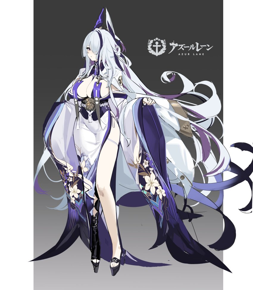 1girl absurdly_long_hair absurdres azur_lane black_sandals blue_hair breasts commentary_request copyright_name floral_print floral_print_kimono full_body gradient_background grey_background hair_over_one_eye hair_spread_out highres japanese_clothes kimono kincora large_breasts logo long_hair long_sleeves looking_at_viewer print_kimono sandals side_slit simple_background sketch solo standing toes two-tone_background unzen_(azur_lane) very_long_hair white_background white_hair wide_sleeves
