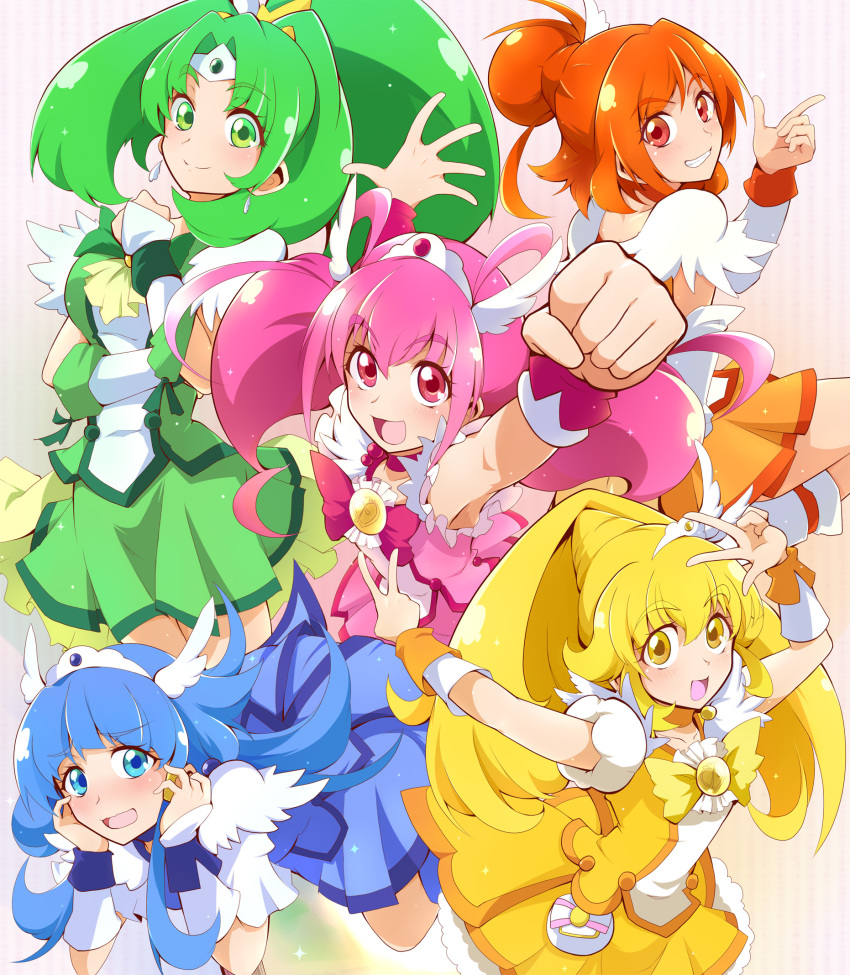 10s 5girls aoki_reika ashita_wa_hitsuji blonde_hair blue_eyes blue_hair blue_skirt blush bow clenched_hand clenched_teeth cure_beauty cure_happy cure_march cure_peace cure_sunny double_v green_eyes green_hair green_skirt hair_flaps highres hino_akane_(smile_precure!) hoshizora_miyuki kise_yayoi looking_at_viewer magical_girl midorikawa_nao multiple_girls open_mouth orange_eyes orange_hair orange_skirt pink_bow pink_eyes pink_hair pink_skirt ponytail precure skirt smile smile_precure! teeth tiara twintails v yellow_bow yellow_eyes yellow_skirt