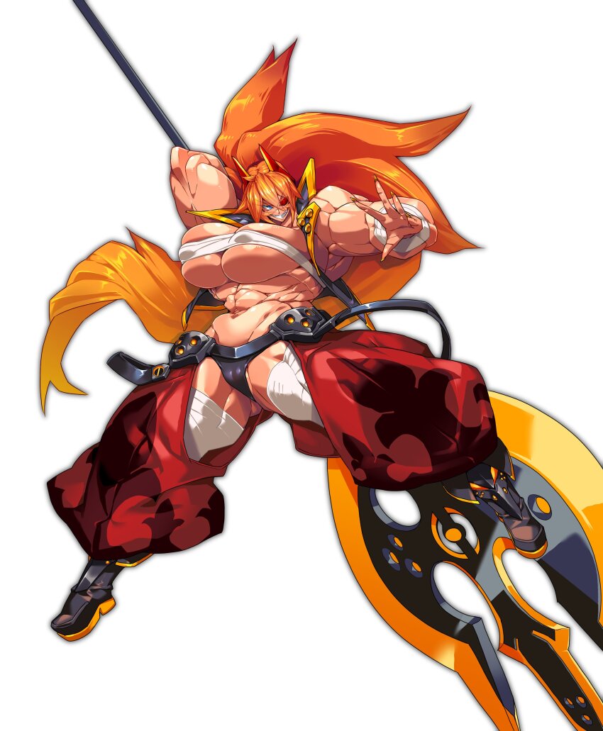 1girl 2025 abs absurdres axe bandaged_arm bandaged_chest bandaged_leg bandages battle_axe black_boots black_jacket blue_eyes boots breasts bursting_breasts cameltoe chaps colored_eyepatch commentary commission covered_erect_nipples cropped_jacket eyepatch fighting_stance fingernails full_body gradient_hair highres horns huge_breasts huge_weapon jacket legs_apart long_hair midriff multicolored_hair muscular muscular_arms muscular_female muscular_legs navel open_hand orange_hair orange_nails orange_trim original paint_splatter pants ponytail puffy_pants red_horns red_pants sarashi sharp_fingernails simple_background skeb_commission t.a.k. variant_set weapon white_background zess_(zesty_jesus)