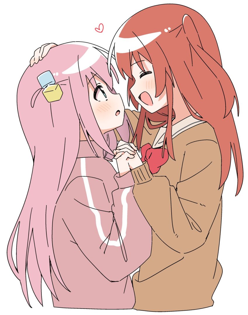 2girls :d :o ^_^ blue_eyes blush bocchi_the_rock! bow bowtie brown_cardigan cardigan closed_eyes commentary cropped_torso cube_hair_ornament from_side gotoh_hitori hair_ornament hand_on_another&#039;s_head haru_(konomi_150) heart highres holding_hands jacket kita_ikuyo long_hair long_sleeves multiple_girls one_side_up open_mouth pink_hair pink_jacket profile red_bow red_bowtie red_hair sailor_collar school_uniform shuka_high_school_uniform simple_background smile track_jacket white_background white_sailor_collar yuri