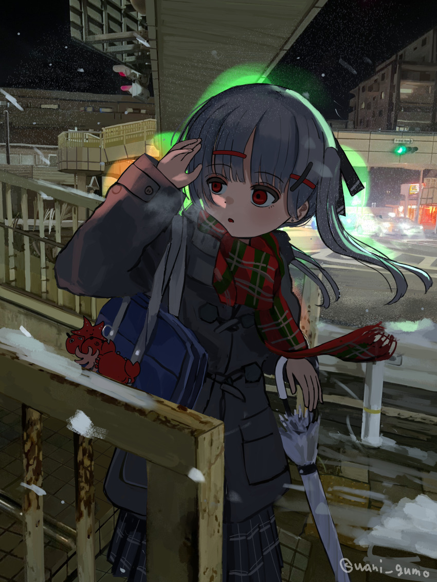 1girl absurdres bag bag_charm charm_(object) closed_umbrella commentary_request duffel_jacket grey_hair hair_ornament hairclip hand_up highres holding holding_umbrella jacket long_hair long_sleeves looking_to_the_side night open_mouth original outdoors plaid_clothes plaid_scarf plaid_skirt pleated_skirt red_eyes scarf school_bag skirt slice_of_life snow solo twintails umbrella wanigumo winter x_hair_ornament