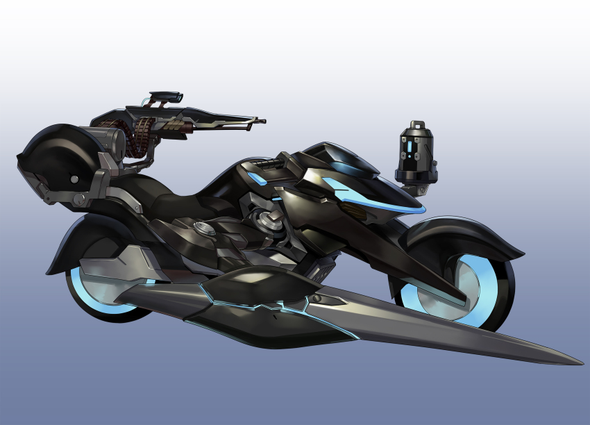 ammunition_belt blue_background commission drum_magazine gradient_background gun highres machine_gun magazine_(weapon) motor_vehicle motorcycle mytea_(soso) no_humans original science_fiction skeb_commission weapon