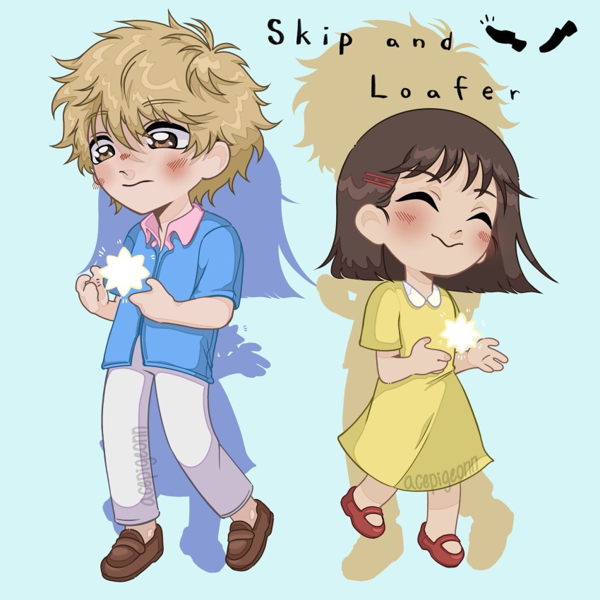1boy 1girl acepigeonn blonde_hair blue_background blue_shirt blush brown_eyes brown_footwear brown_hair chibi closed_eyes dress english_text frown hair_ornament hairclip highres holding iwakura_mitsumi pants red_footwear shima_sousuke shirt skip_to_loafer smile white_pants yellow_dress