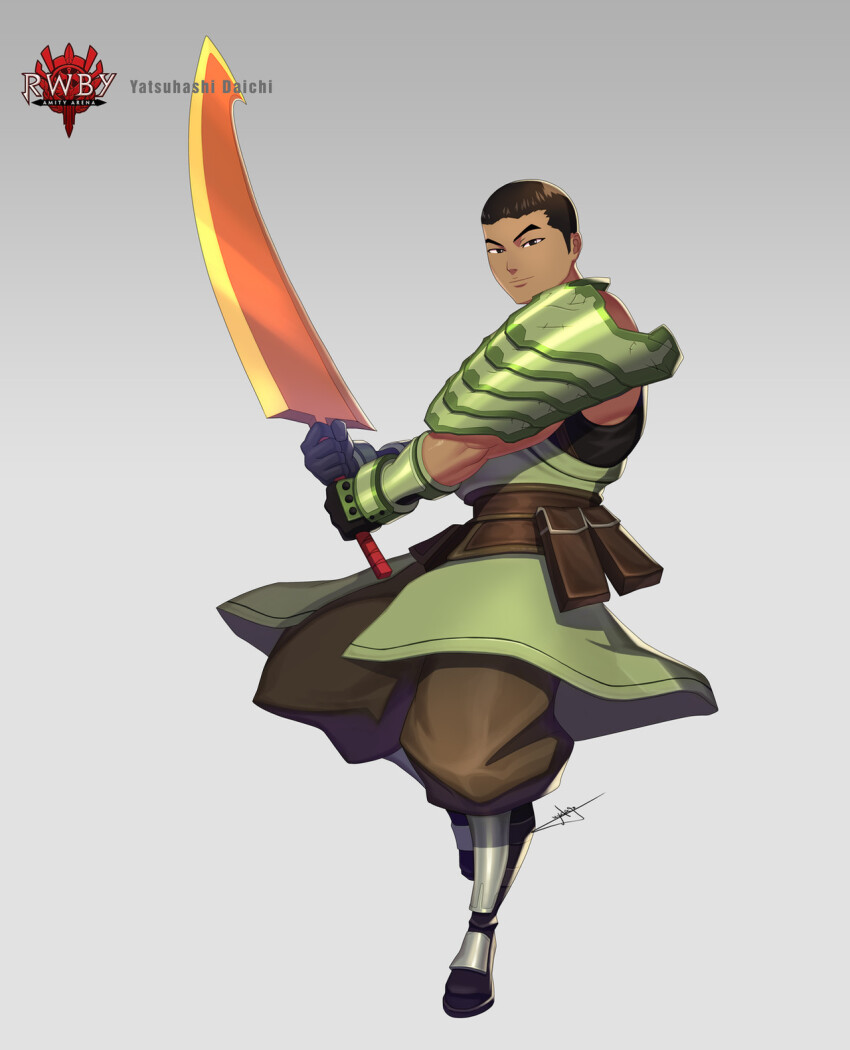 1boy armor black_footwear black_gloves brown_hair brown_pants character_name closed_mouth copyright_logo copyright_name dark-skinned_male dark_skin full_body gloves grey_background highres holding holding_sword holding_weapon muscular muscular_male official_art pants pauldrons rwby short_hair shoulder_armor signature simple_background solo sword two-handed_sword uyalago weapon yatsuhashi_daichi