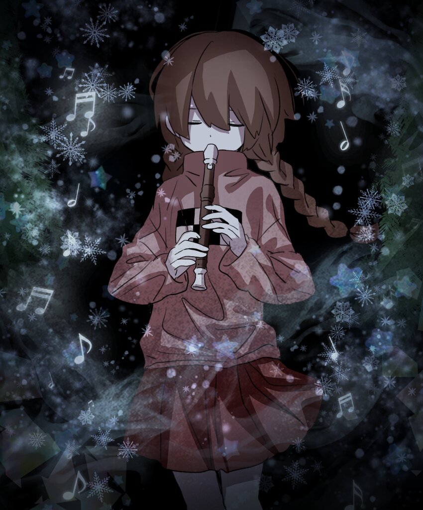 1girl absurdres black_background braid brown_hair closed_eyes cowboy_shot dot_nose flute highres holding holding_flute holding_instrument instrument kaitenta1 long_hair long_sleeves low_twin_braids madotsuki music musical_note pink_sweater playing_flute playing_instrument red_skirt skirt snowflakes solo star_(symbol) sweater turtleneck turtleneck_sweater twin_braids yume_nikki