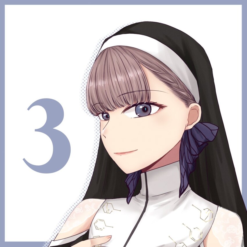 1girl actor actor_connection arm_at_side bare_shoulders black_ribbon black_shirt border braid braided_bangs clothing_cutout coif cosplay countdown drop_shadow grey_border guimpe hair_behind_ear hair_ribbon halftone hand_up highres ishii_haruna nigari_(ngari_0115) nun outside_border portrait real_life ribbon salome_(shuuen_no_virche) salome_(shuuen_no_virche)_(cosplay) shirt short_hair shoulder_cutout shuuen_no_virche simple_background solo white_background