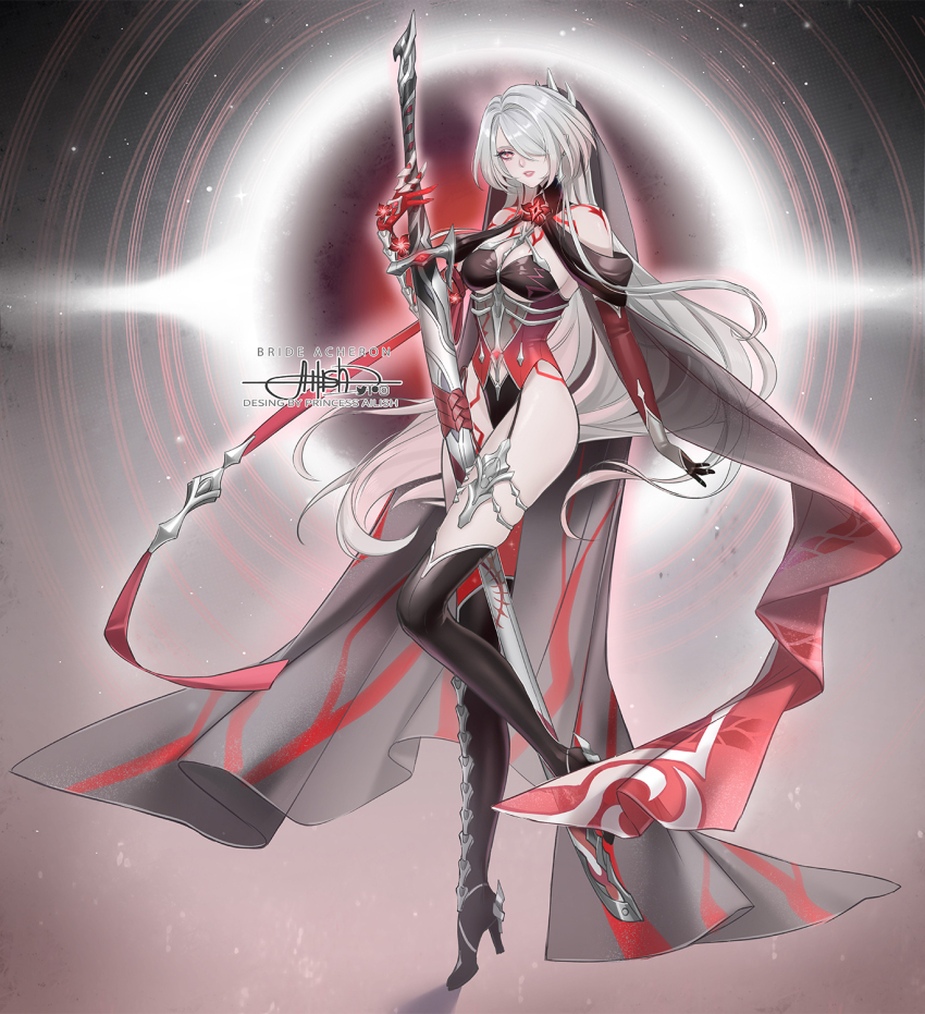 1girl acheron_(honkai:_star_rail) alternate_costume artist_name bare_shoulders black_boots black_gloves black_hole black_veil boots breasts bridal_veil character_name cleavage criss-cross_halter detached_sleeves earrings full_body gloves hair_ornament hair_over_one_eye halterneck high_heel_boots high_heels highleg highleg_leotard highres holding holding_sword holding_weapon honkai:_star_rail honkai_(series) instagram_logo jewelry katana leg_up leotard long_hair looking_at_viewer multicolored_hair parted_lips patreon_logo princess_ailish red_eyes scabbard sheath signature solo standing standing_on_one_leg streaked_hair sword thighs twitter_logo typo veil watermark weapon white_hair