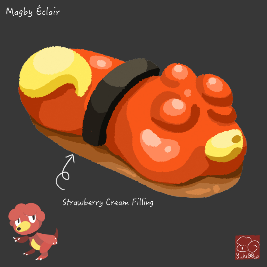 artist_logo artist_name character-themed_food character_name eclair_(food) food food_focus food_name gen_2_pokemon grey_background highres logo magby nintendo no_humans pokemon pokemon_(creature) simple_background yuki00yo