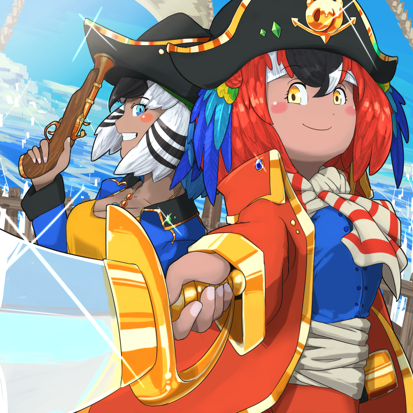 2girls absurdres alternate_costume antique_firearm bird_wings black_hair blue-and-yellow_macaw_(kemono_friends) blue_coat blue_eyes blush_stickers closed_mouth coat collared_coat cutlass dark-skinned_female dark_skin day eyebrows_visible_through_headband firearm foreshortening grin gun hand_up handgun hat head_wings headband highres holding holding_gun holding_sword holding_weapon irimo_(knhg3432) japari_symbol jewelry kemono_friends long_sleeves looking_at_viewer medium_hair multicolored_hair multicolored_wings multiple_girls necklace ocean open_clothes open_coat outdoors outstretched_arm pirate_costume pirate_hat red_coat red_hair sail sailing_ship scarlet_macaw_(kemono_friends) ship shirt smile sword two-tone_hair water watercraft weapon white_hair wing_collar wings yellow_eyes