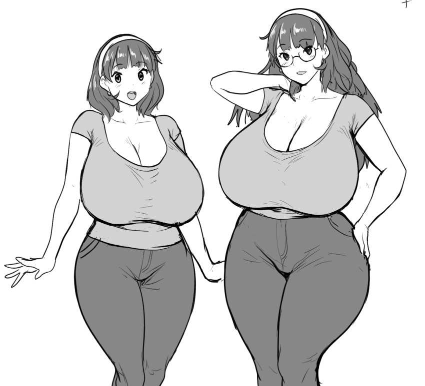 1girl age_progression aged_up arm_up breasts cleavage curvy earrings erkaz feet_out_of_frame greyscale hairband hand_on_own_hip highres huge_breasts jewelry long_hair mature_female medium_hair monochrome open_mouth original rina_atherina short_sleeves simple_background thighs white_background white_hairband wide_hips