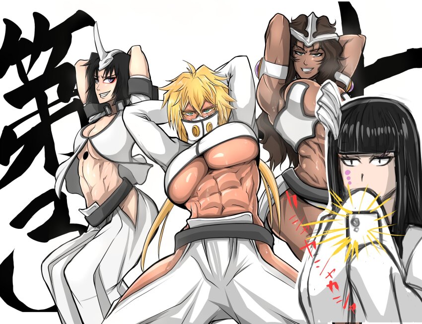4girls abs armlet arms_behind_head arrancar black_hair bleach blonde_hair breasts brown_hair colored_eyelashes covering_own_mouth cropped_jacket dark-skinned_female dark_skin emilou_apacci espada facial_mark franceska_mila_rose green_eyes hair_ornament heterochromia highres holding holding_phone hollow_hole japanese_text jewelry large_breasts long_hair medium_hair multiple_girls phone shiny_skin simple_background small_breasts soyuz001 taking_picture tier_harribel toned toned_female white_background