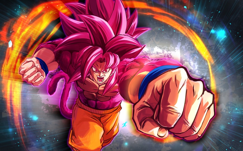 1boy abs absurdres clenched_hands cowboy_shot dragon_ball dragon_ball_daima highres long_hair male_focus medium_hair muscular muscular_male open_mouth orange_pants pants red_eyes red_hair red_tail solo son_goku spiked_hair super_saiyan super_saiyan_4 topless_male yuuri_(fukuroudou)