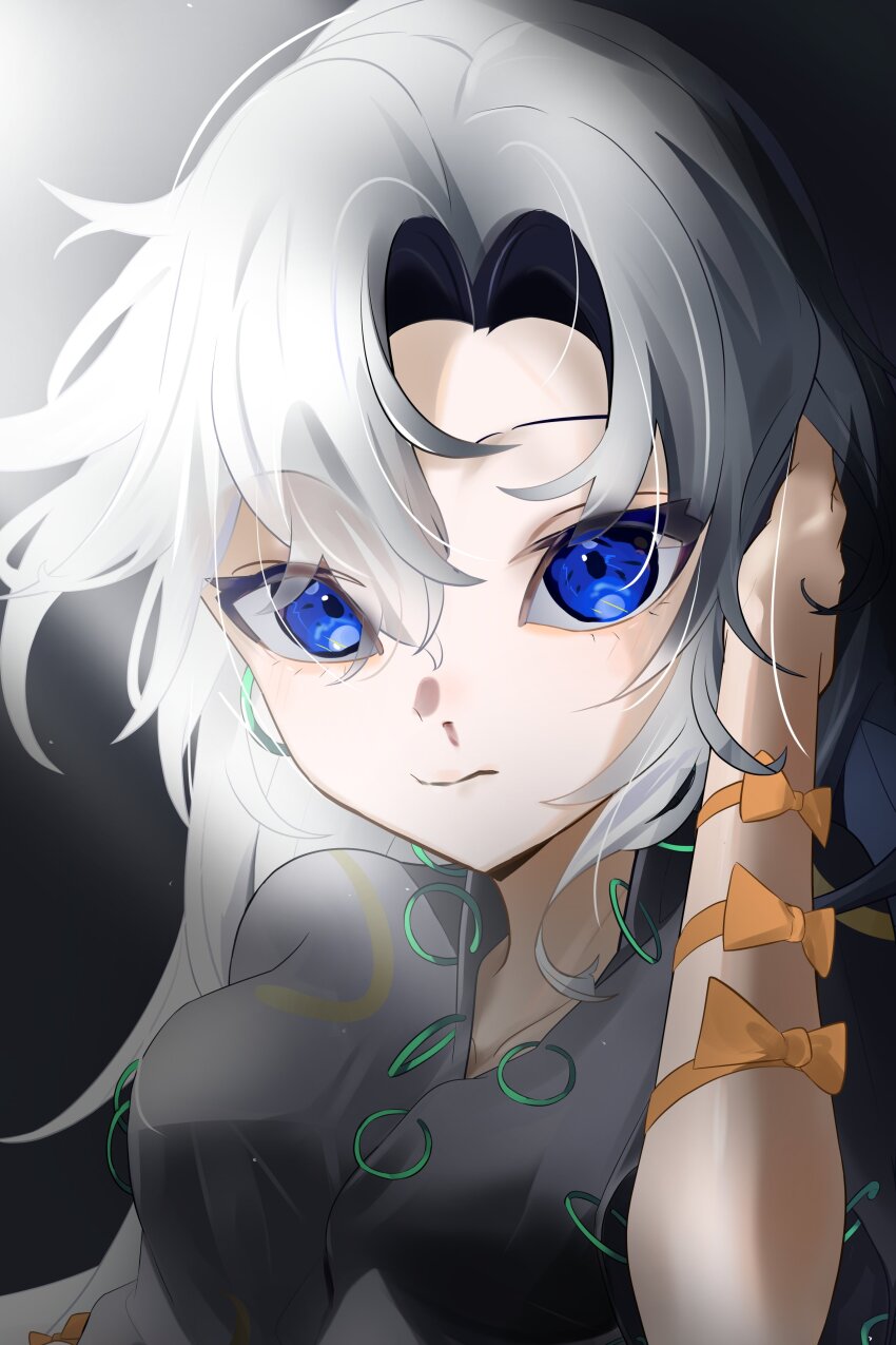 1girl absurdres black_shirt bow breasts dress grey_hair harikane0 highres himemushi_momoyo jewelry long_hair looking_at_viewer orange_bow ribbon ring shirt simple_background solo touhou