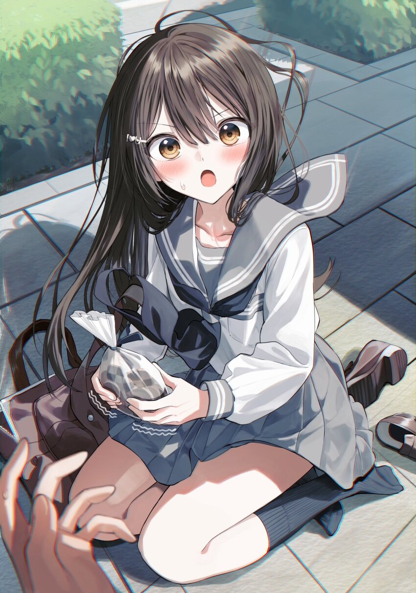 1boy 1girl :o bag black_hair black_neckerchief black_socks blush brown_eyes brown_shoes checkerboard_cookie commentary_request cookie day food grey_sailor_collar grey_skirt hair_between_eyes hair_ornament hairclip highres holding holding_bag long_hair long_sleeves looking_at_viewer neckerchief on_ground open_mouth original outdoors pentagon_(railgun_ky1206) plastic_bag pleated_skirt puffy_long_sleeves puffy_sleeves ribbed_socks sailor_collar school_bag school_uniform serafuku shirt shoes skirt socks soles solo_focus trembling unworn_shoes v-shaped_eyebrows very_long_hair white_shirt