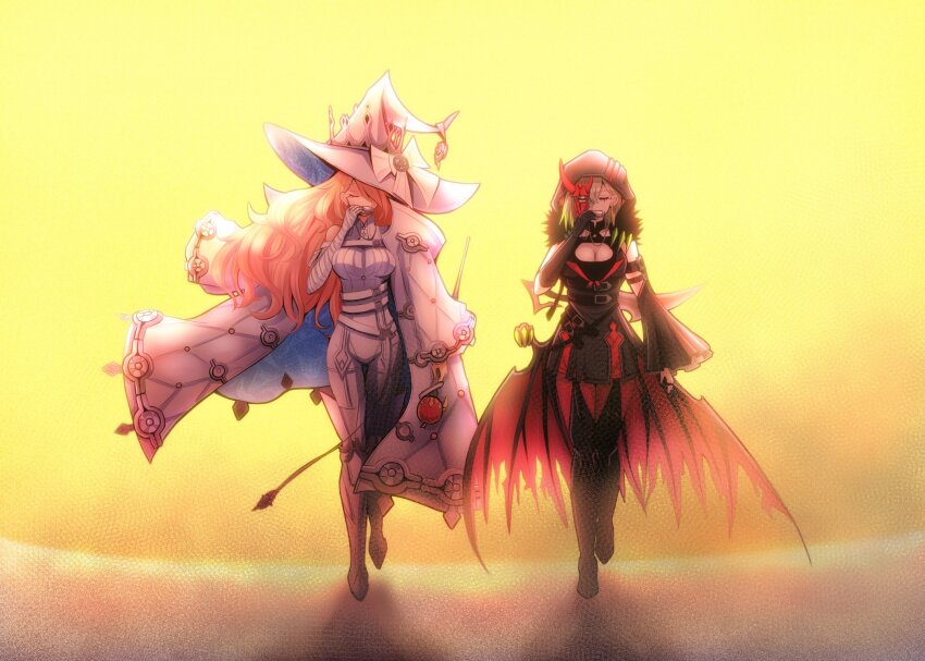 2girls akisame_rizu asymmetrical_sleeves bandaged_arm bandages black_dress black_footwear black_hood black_sleeves blonde_hair bodysuit boots breasts cleavage closed_eyes coat detached_sleeves diabellstar_the_black_witch diabellze_the_original_sinkeeper dress duel_monster fake_horns full_body green_hair grey_hair half_mask harmonica hat highres hood hood_up horns instrument large_breasts long_hair mask medium_hair multiple_girls pantyhose red_mask red_pantyhose sunset weapon weapon_on_back white_bodysuit white_coat white_footwear white_hat wings witch witch_hat yu-gi-oh! yu-gi-oh!_5d&#039;s