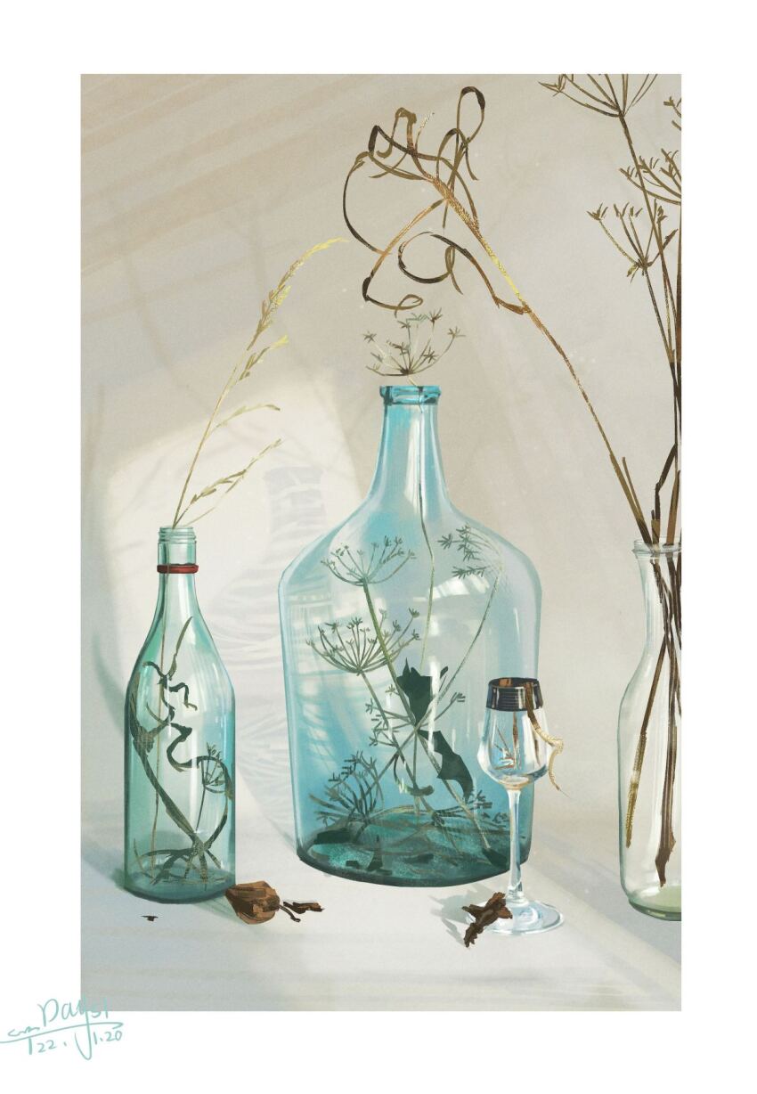 border chinese_commentary commentary_request cup dated drinking_glass glass_bottle highres no_humans object_focus original plant potted_plant ribbon sanshui_guantang signature sunlight wheat white_background white_border wine_glass yellow_ribbon