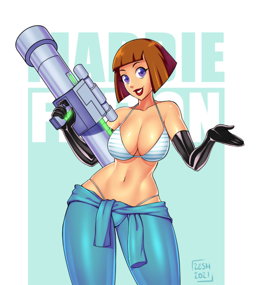 1girl 2021 adjusting_clothes bikini bikini_top_only bikini_under_clothes black_gloves bodysuit breasts brown_hair character_name cleavage curvy danny_phantom dated from_behind gloves highleg highleg_bikini highres holding holding_weapon large_breasts lips looking_at_viewer maddie_fenton navel nickelodeon open_clothes parted_lips purple_eyes shiny_clothes shiny_skin short_hair simple_background skin_tight solo standing striped_bikini striped_clothes sweat swimsuit teeth thong thong_bikini weapon zeshgolden