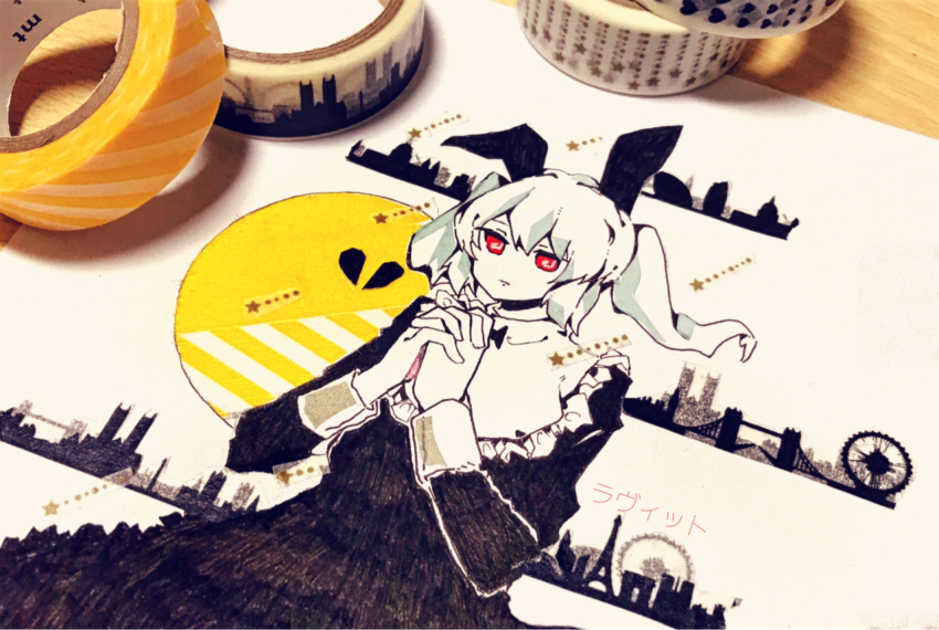 1girl animal_ears apron art_tools_in_frame asagi_kino black_dress broken_heart commentary_request dress hair_between_eyes hands_up hatsune_miku heart highres limited_palette loveit_(vocaloid) masking_tape_(medium) mixed_media own_hands_clasped own_hands_together photo_(medium) rabbit_ears red_eyes short_twintails sidelocks skyline solo star_(symbol) star_symbol_background star_trail traditional_media twintails unconventional_media vocaloid white_apron white_background white_hair white_sleeve_cuffs