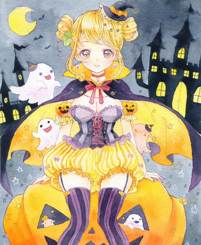 1girl absurdres amu_(m_aa) arms_at_sides bat_(animal) black_cape breasts cape castle corset crescent_moon double_bun eyeball_earrings garter_straps ghost hair_bun halloween hat highres jack-o&#039;-lantern large_breasts marker_(medium) mini_hat mini_witch_hat moon orange_eyes orange_shorts original painting_(medium) puffy_shorts red_ribbon ribbon short_hair shorts sitting solo striped_clothes striped_thighhighs thighhighs traditional_media watercolor_(medium) witch_hat