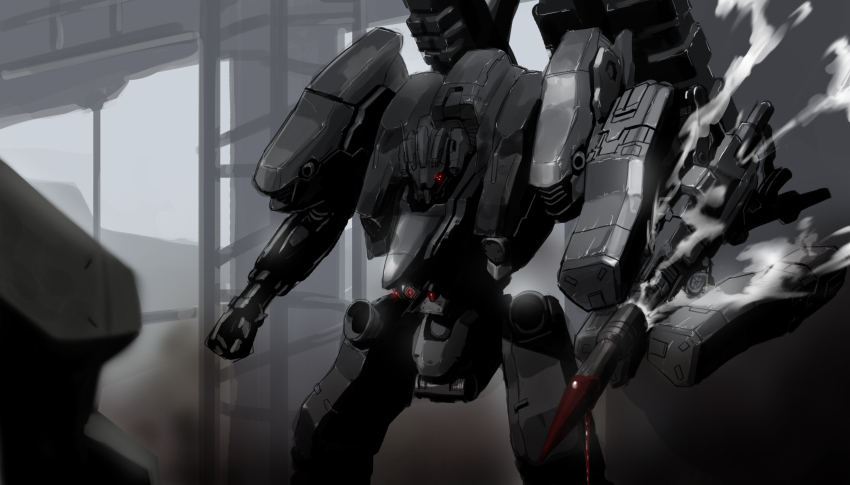 absurdres armored_core armored_core_vi:_fires_of_rubicon battle character_request clenched_hand dripping glowing glowing_eyes highres maxilax mecha mecha_focus no_humans oil pile_bunker red_eyes robot science_fiction smoke solo upper_body weapon