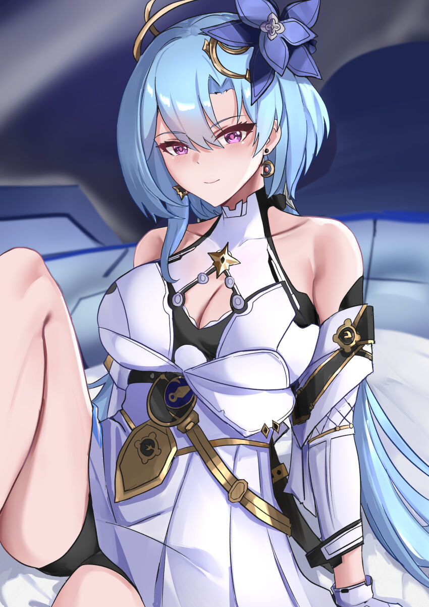 1girl absurdres bare_shoulders black_shorts blue_flower blue_hair breasts cleavage cleavage_cutout closed_mouth clothing_cutout dress earrings flower griseo griseo_(cosmic_expression) hair_flower hair_ornament highres honkai_(series) honkai_impact_3rd indoors jewelry large_breasts long_hair looking_at_viewer shorts smile solo tian_kazuki twintails very_long_hair white_dress white_sleeves