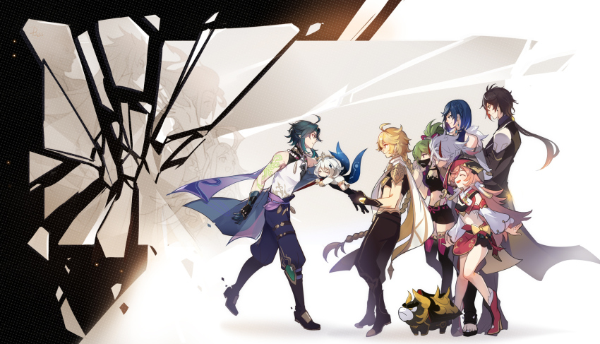 2134twone 4boys 4girls aether_(genshin_impact) ahoge antenna_hair antlers aqua_hair arataki_itto arm_tattoo asymmetrical_gloves asymmetrical_sleeves blonde_hair blue_eyes blue_hair blush bonanus_(genshin_impact) bosacius_(genshin_impact) braid braided_ponytail brown_hair chinese_commentary closed_mouth commentary_request crop_top detached_sleeves diagonal_bangs earrings facial_mark floating forehead_mark genshin_impact gloves gradient_hair green_hair highres horns indarias_(genshin_impact) jewelry kuki_shinobu long_sleeves looking_at_another mask menogias_(genshin_impact) mouth_mask multicolored_hair multiple_boys multiple_girls ninja_mask open_mouth paimon_(genshin_impact) parted_bangs pink_hair scarf single_braid single_earring standing tassel tassel_earrings tattoo thighs ushi_(genshin_impact) white_hair white_scarf white_sleeves yanfei_(genshin_impact) yelan_(genshin_impact) yellow_eyes zhongli_(genshin_impact)