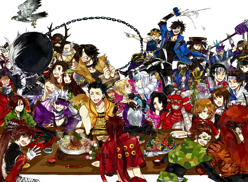 1other 5girls 6+boys :d :o ^_^ akechi_mitsuhide_(sengoku_basara) amago_haruhisa_(sengoku_basara) anegakoji_yoritsuna_(sengoku_basara) arm_around_neck armor bad_id bad_pixiv_id ball_and_chain_(weapon) bandaged_arm bandaged_head bandages beard between_fingers black_hair black_sclera blunt_bangs blush brown_eyes brown_hair camouflage carrying cheek_press chopsticks chousokabe_motochika_(sengoku_basara) clenched_teeth closed_eyes colored_sclera covered_eyes covered_mouth crying dango date_masamune_(sengoku_basara) everyone eyepatch facepaint facial_hair flower food food_on_face forehead_protector fourth_wall frown fuuma_kotarou_(sengoku_basara) gloves grabbing_another&#039;s_chin grey_hair grin hair_between_eyes hand_on_another&#039;s_chin hand_on_another&#039;s_head head_down headband helmet highres higumake holding holding_chopsticks holding_food honda_tadakatsu_(sengoku_basara) houjou_ujimasa_(sengoku_basara) ishida_mitsunari_(sengoku_basara) japanese_armor kabuto_(helmet) kasuga_(sengoku_basara) katakura_eimi kobayakawa_hideaki_(sengoku_basara) kuroda_kanbei_(sengoku_basara) long_hair looking_at_another looking_at_viewer maeda_keiji_(sengoku_basara) maeda_toshiie_(sengoku_basara) matsu_(sengoku_basara) mogami_yoshiaki_(sengoku_basara) monkey mouri_motonari_(sengoku_basara) multiple_boys multiple_girls mustache nanbu_harumasa_(sengoku_basara) naoe_kanetsugu_(sengoku_basara) no_headwear no_shirt oda_nobunaga_(sengoku_basara) oichi_(sengoku_basara) ootani_yoshitsugu_(sengoku_basara) open_mouth otomo_sorin_(sengoku_basara) panicking parted_lips pink_eyes ponytail red_eyes red_hair red_headband rice rice_on_face rose saika_magoichi_(sengoku_basara) sanada_yukimura_(sengoku_basara) sarutobi_sasuke_(sengoku_basara) satake_yoshishige_(sengoku_basara) scar scar_across_eye scar_on_face sengoku_basara shimazu_yoshihiro_(sengoku_basara) short_hair short_hair_with_long_locks shoulder_carry simple_background smile spiked_hair spilling stocks stubble sushi sweatdrop table tachibana_muneshige_(sengoku_basara) takeda_shingen_(sengoku_basara) teeth tenkai_(sengoku_basara) tokugawa_ieyasu_(sengoku_basara) tsuruhime_(sengoku_basara) uesugi_kenshin_(sengoku_basara) utsunomiya_hirotsuna_(sengoku_basara) wagashi waving weapon white_background white_gloves yellow_eyes yumekichi