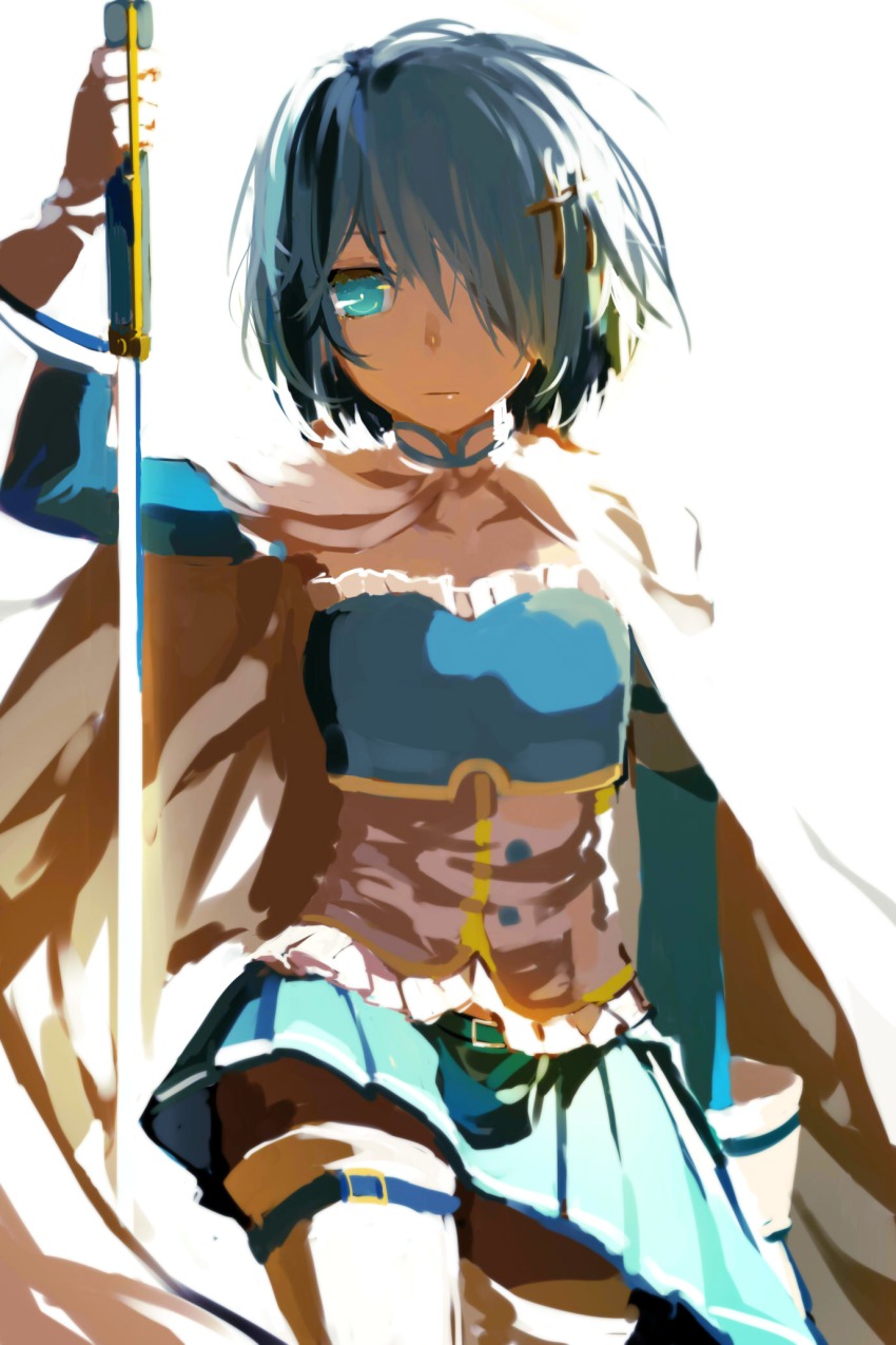 10s 1girl armband belt blue_eyes blue_hair female_focus fortissimo gloves hair_ornament hair_over_one_eye hairclip highres magical_girl mahou_shoujo_madoka_magica mahou_shoujo_madoka_magica_(anime) mahou_shoujo_madoka_magica_movie_1_&amp;_2 matching_hair/eyes miki_sayaka miki_sayaka_(magical_girl) musical_note musical_note_hair_ornament short_hair simple_background solo sword weapon white_background zgxuke