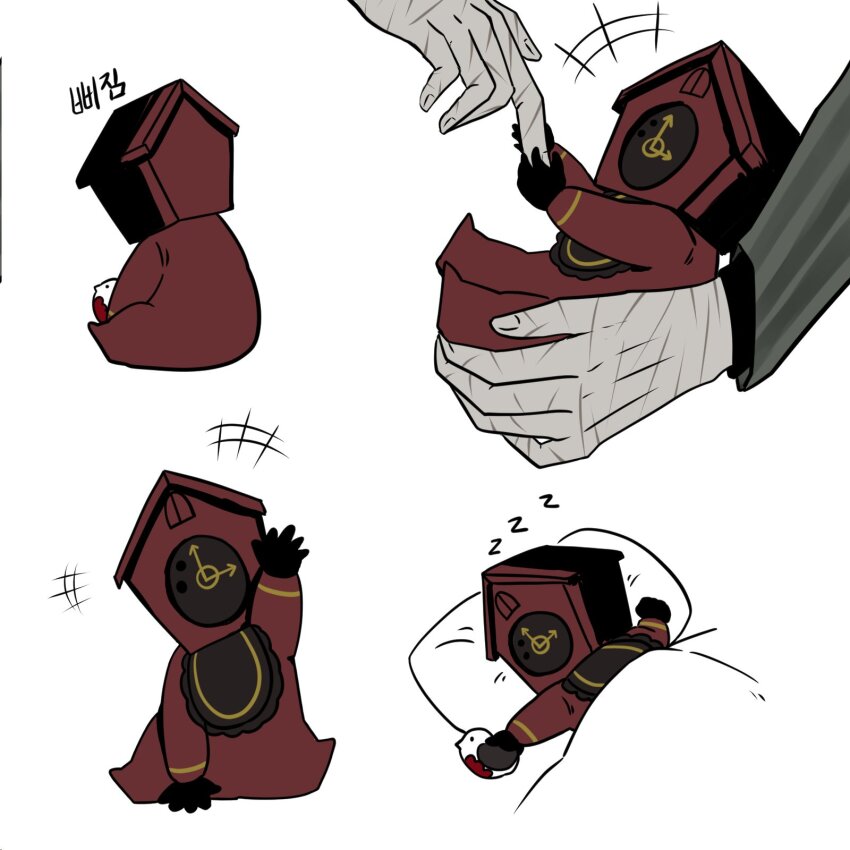 +++ 1boy 1other aged_down arm_support arm_up baby bib black_gloves clock colored_skin cuckoo_clock daniel_wolfcrow dante_(limbus_company) gloves grey_skin highres korean_commentary korean_text limbus_company lobotomy_corporation long_sleeves multiple_views object_head onesie other_focus pillow project_moon punishing_bird scar scar_on_hand scars_all_over simple_background sitting sleeping stuffed_animal stuffed_toy too_many scars_all_over under_covers vergilius_(project_moon) white_background zzz