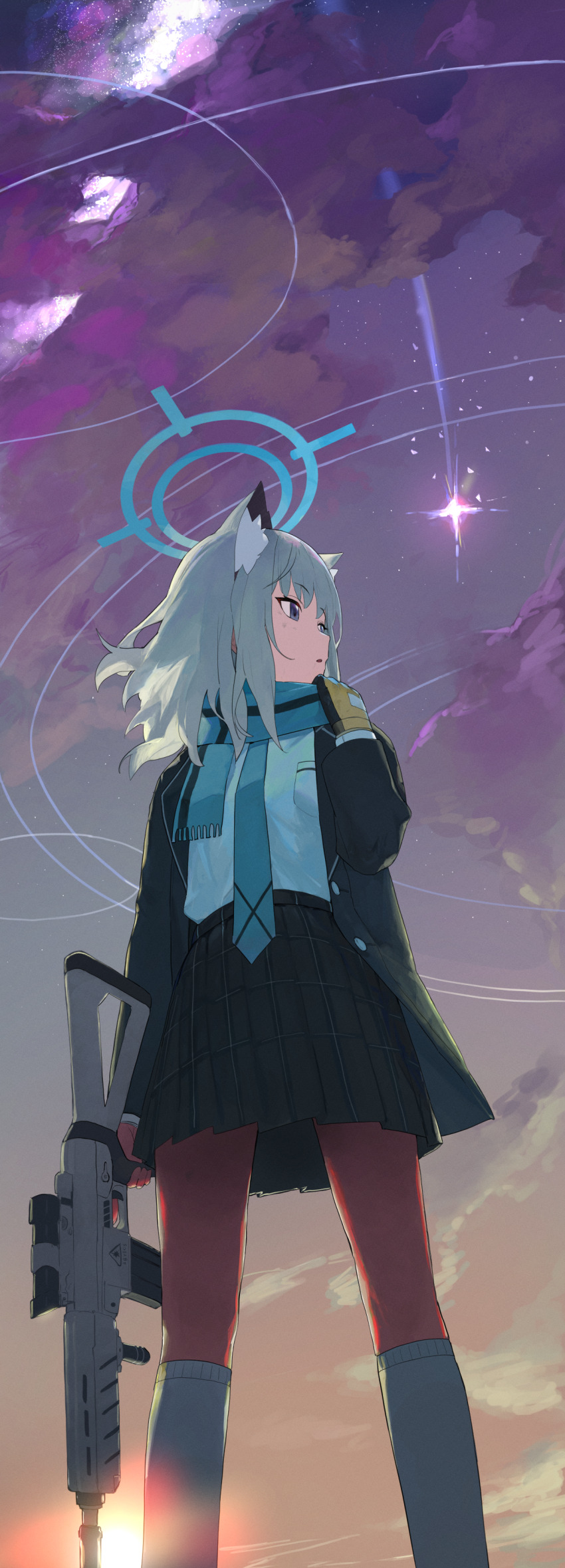 024th 1girl absurdres animal_ear_fluff animal_ears black_skirt blue_archive blue_scarf commentary gloves grey_hair gun halo highres holding holding_gun holding_weapon jacket long_sleeves looking_to_the_side open_clothes open_jacket outdoors plaid_clothes plaid_skirt rifle scarf shiroko_(blue_archive) shirt skirt sky socks solo star_(sky) starry_sky symbol-only_commentary weapon white_shirt white_socks