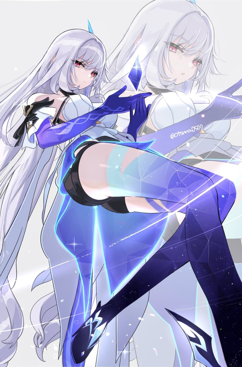 1girl black_shorts broken_glass crystal_shards dress genshin_impact glass glass_shards hair_ornament highres object_floating_above_hand otsuna0507 purple_hands purple_thighhighs red_eyes shorts skirk_(genshin_impact) solo thighhighs white_dress