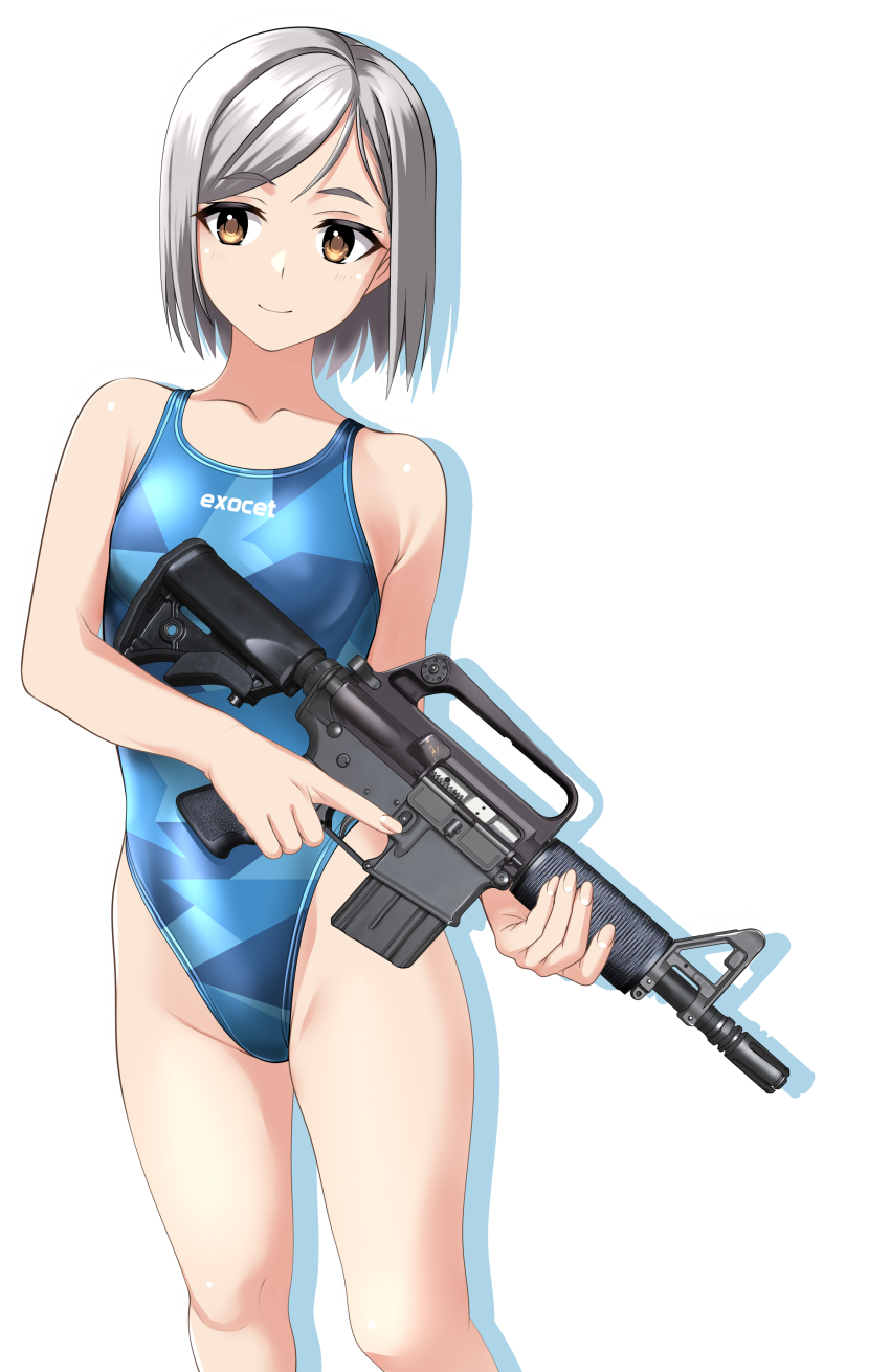 1girl absurdres ar-15 assault_rifle blue_one-piece_swimsuit breasts brown_eyes camouflage carbine clothes_writing commentary_request competition_swimsuit feet_out_of_frame grey_hair gun highleg highleg_one-piece_swimsuit highres holding holding_gun holding_weapon m4_carbine muzzle_device one-piece_swimsuit original rifle short_hair simple_background small_breasts solo standing swimsuit takafumi translation_request trigger_discipline variant_set weapon white_background