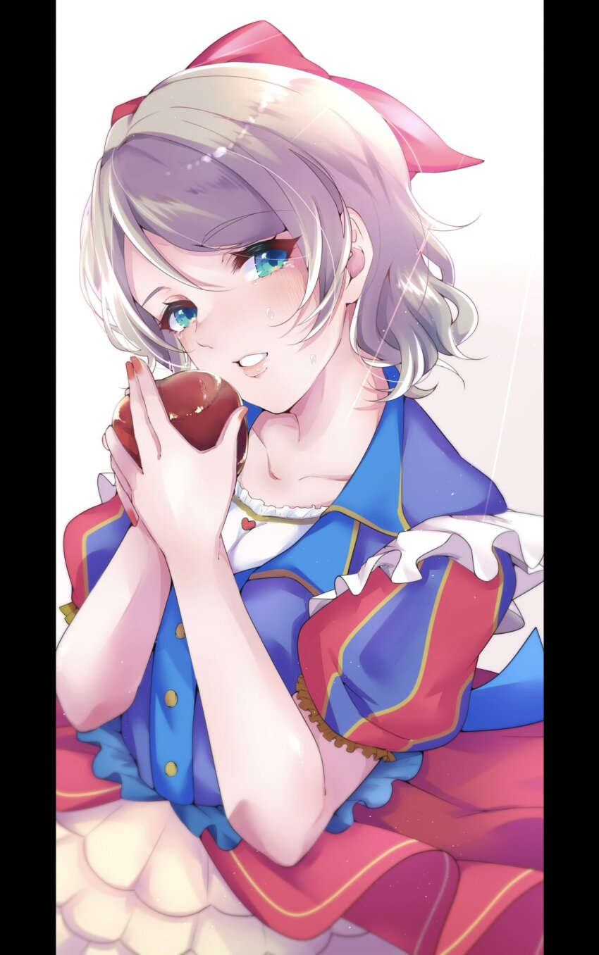 1girl apple blue_eyes brown_hair cosplay dress facing_viewer food fruit hair_ornament highres holding holding_food holding_fruit love_live! love_live!_sunshine!! nail_polish nigauri short_hair simple_background snow_white snow_white_(disney) snow_white_(disney)_(cosplay) solo tears watanabe_you white_background