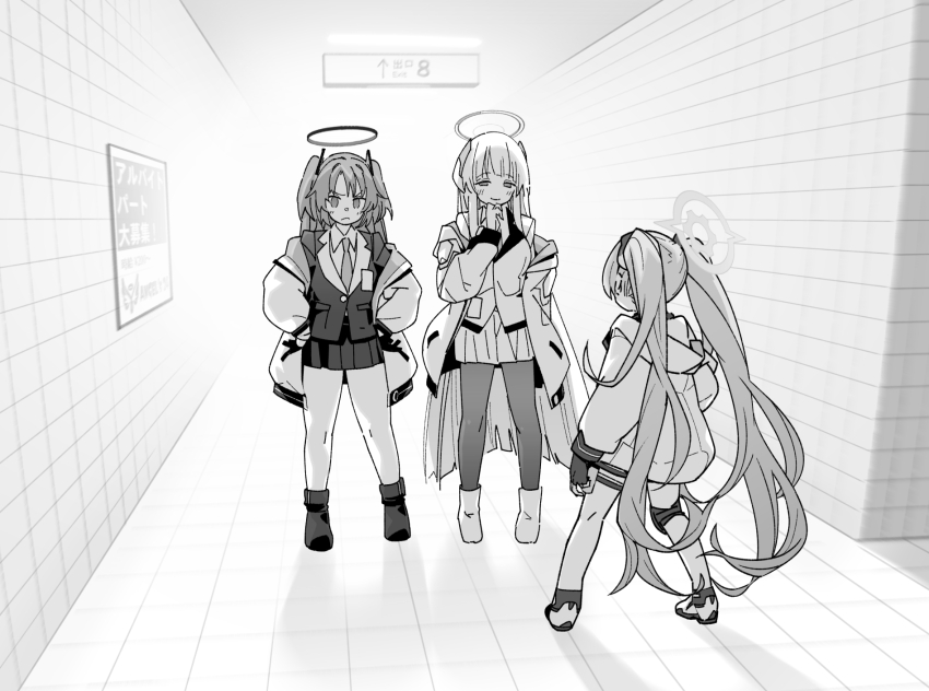 3girls backlighting blue_archive ceiling ceiling_light crossover exit_sign fingerless_gloves fluorescent_lamp gloves hallway halo highres jacket koyuki_(blue_archive) long_hair multiple_girls noa_(blue_archive) open_clothes open_jacket pleated_skirt poster_(object) seminar_(blue_archive) sign skirt smile subway_station tactile_paving the_exit_8 tile_ceiling tile_floor tile_wall tiles tunnel waira yuuka_(blue_archive)
