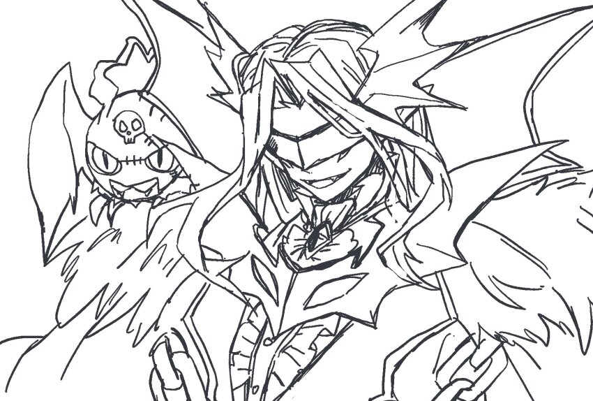 digimon digimon_(creature) highres mask monochrome picodevimon skull vamdemon vamdemon_x-antibody vampire wings
