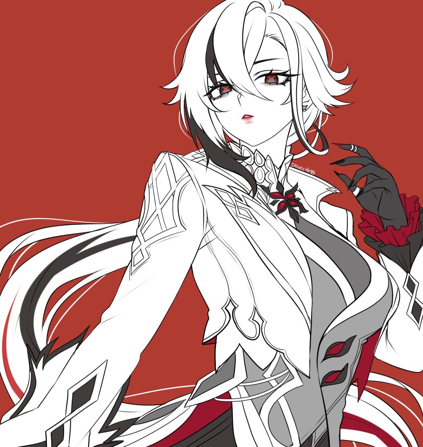 1girl absurdres aegyo_sal arlecchino_(genshin_impact) arm_at_side asymmetrical_hair black_eyes black_gloves black_hair black_nails breasts bright_pupils brooch collared_jacket commentary cropped_jacket curtained_hair english_commentary eyelashes fingernails frilled_sleeves frills from_below genshin_impact gloves grey_vest hair_between_eyes hair_flaps hand_up highres jacket jewelry large_breasts limited_palette lips long_hair long_sleeves looking_at_viewer low_ponytail multicolored_hair nail_polish open_clothes open_jacket parted_hair parted_lips ponytail red_background red_jacket red_lips red_pupils ring sasucchi95 sharp_fingernails sidelocks simple_background single_hair_intake solo symbol-shaped_pupils tsurime turning_head two-sided_fabric two-sided_jacket two-tone_hair upper_body very_long_hair vest x-shaped_pupils