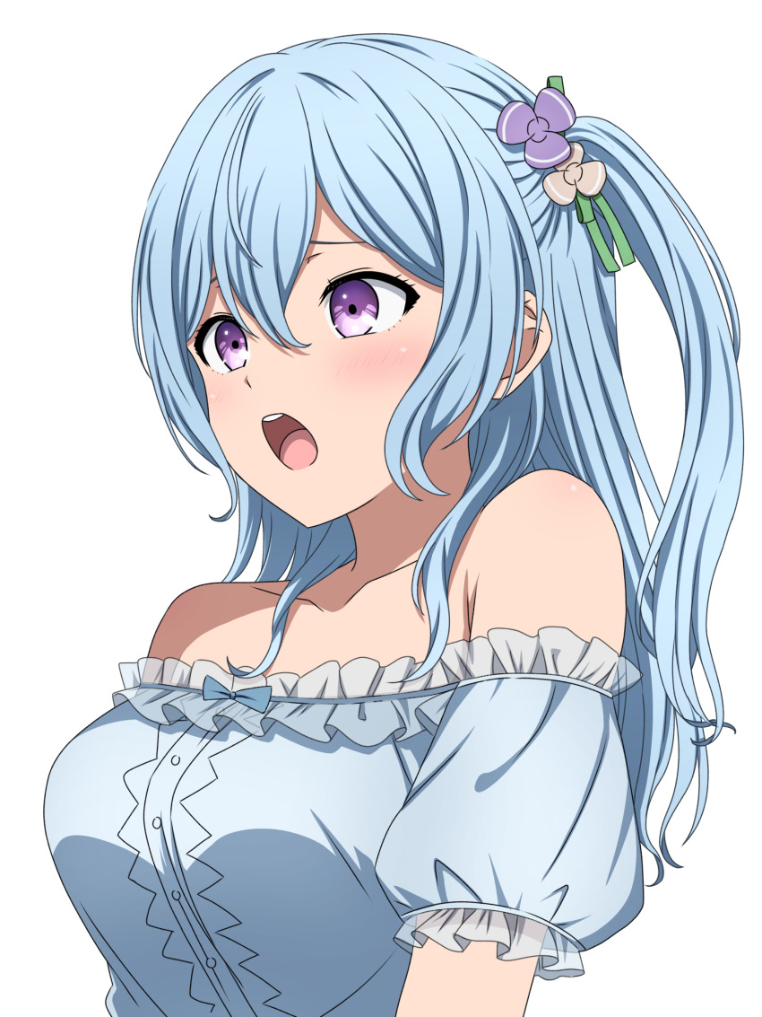 1girl bang_dream! blue_hair blue_shirt blush breasts commentary_request frilled_shirt frills hair_between_eyes highres long_hair matsubara_kanon medium_breasts noshimurin off-shoulder_shirt off_shoulder one_side_up open_mouth purple_eyes shirt sidelocks simple_background solo teeth upper_teeth_only white_background