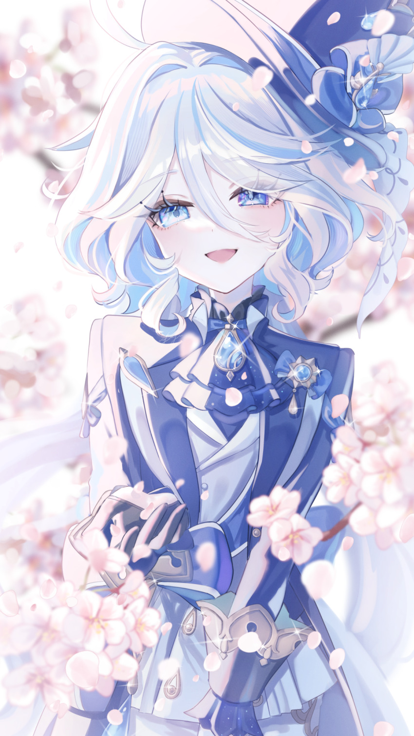 1girl ahoge anninufufu ascot black_gloves blue_ascot blue_eyes blue_gemstone blue_hair blue_hat blue_jacket commentary falling_petals furina_(genshin_impact) gem genshin_impact gloves hair_between_eyes hand_up hat heterochromia highres jacket long_sleeves looking_at_viewer medium_hair multicolored_hair open_mouth ouji_fashion petals signature solo streaked_hair symbol-only_commentary teardrop-shaped_gem upper_body white_hair