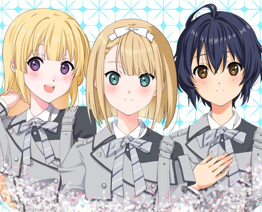 22/7 3girls :d ahoge belt_buckle black_hair blonde_hair bob_cut bow bow_hairband brown_eyes buckle buttons closed_mouth diagonal-striped_ribbon double-breasted dress fujima_sakura green_eyes grey_dress grey_ribbon hair_bow hair_rings hairband hand_in_own_hair hand_on_own_chest highres inverted_bob kamisama_datte_kimerarenai long_hair long_sleeves looking_at_viewer multiple_girls nanairo_(nanairo227) neck_ribbon one_side_up open_mouth purple_eyes ribbon saito_nicole short_hair single_hair_ring smile takigawa_miu teeth upper_body upper_teeth_only wavy_hair white_bow white_hairband