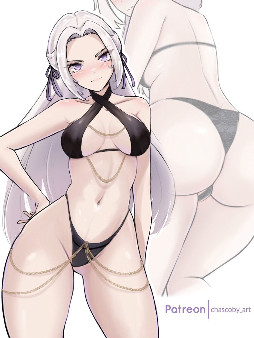 1girl absurdres ass bikini black_bikini blush breasts cameltoe chascoby contrapposto edelgard_von_hresvelg fire_emblem fire_emblem:_three_houses gluteal_fold hair_ribbon highres long_hair looking_at_viewer medium_breasts multiple_views navel nintendo patreon_username purple_eyes ribbon stomach swimsuit thighs very_long_hair white_hair wide_hips yomorio_lingerie