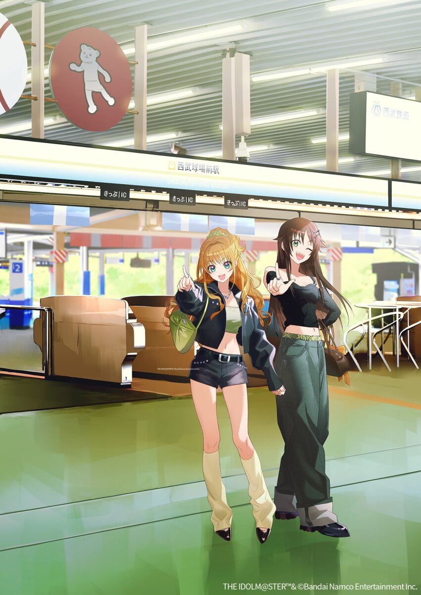 2girls :d ;d bag blue_eyes brown_hair copyright_name copyright_notice crop_top fragments_of_the_idolmaster_cinderella_girls fujiwara_ryo_(wsise47) full_body green_eyes handbag highres himekawa_yuki hino_akane_(idolmaster) idolmaster idolmaster_cinderella_girls index_finger_raised jacket jewelry long_hair looking_at_viewer multiple_girls navel official_art one_eye_closed open_clothes open_jacket open_mouth orange_hair pointing real_world_location ring short_shorts shorts smile train_station