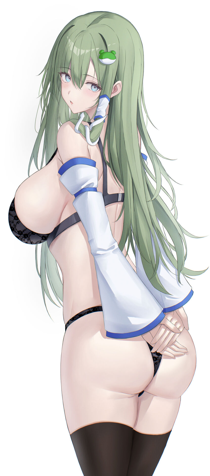 1girl 7saki absurdres arms_behind_back ass black_bra black_panties blue_eyes bra breasts commentary_request detached_sleeves frog_hair_ornament green_hair hair_ornament highres kochiya_sanae large_breasts long_hair looking_at_viewer panties sideboob solo touhou underwear white_sleeves