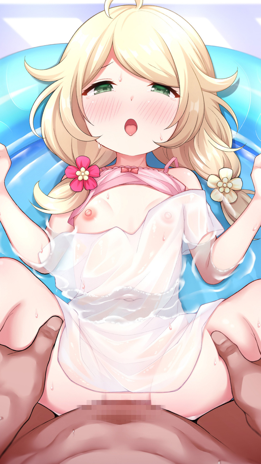 1boy 1girl ahoge asymmetrical_hair bikini bikini_top_lift bikini_top_only blonde_hair blush braid breasts censored clothes_lift commentary_request covered_navel flower green_eyes hair_flower hair_ornament hands_up hetero highres idolmaster idolmaster_cinderella_girls loli looking_at_viewer low_twintails maccha missionary mosaic_censoring nipples open_mouth paid_reward_available pink_bikini pov sex side_braid small_breasts solo_focus spread_legs swimsuit tongue tongue_out twintails vaginal water yusa_kozue
