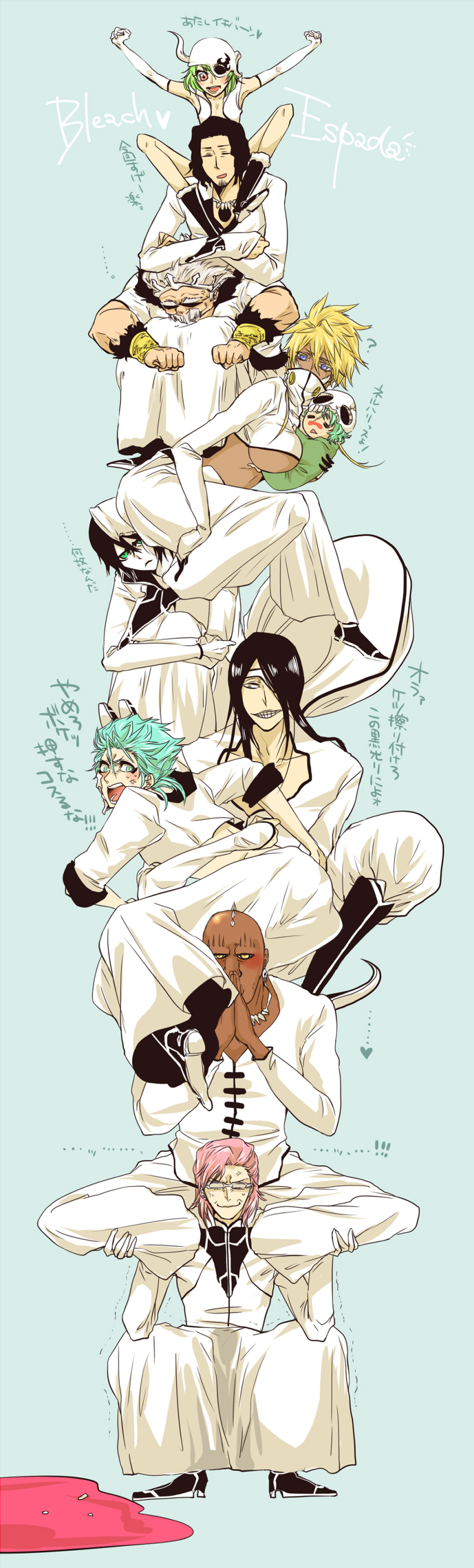 3girls 6+boys absurdres aqua_eyes aqua_hair arrancar baraggan_louisenbairn black_hair bleach blonde_hair blue_eyes breasts brown_hair character_request coyote_starrk dark_skin facial_hair glasses green_eyes green_hair grimmjow_jaegerjaquez highres knees large_breasts legs lilynette_gingerbuck midriff multiple_boys multiple_girls mustache nelliel_tu_odelschwanck nijinuma_ui nnoitra_gilga number_tattoo pale_skin pink_hair revealing_clothes szayelaporro_granz tattoo tier_harribel translation_request ulquiorra_cifer underboob white_hair zommari_rureaux