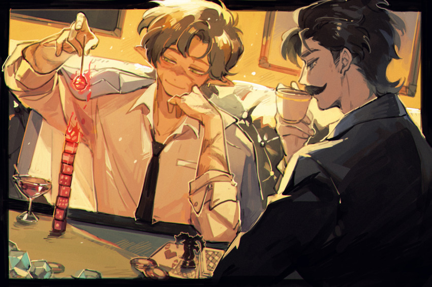 2boys alcohol black_border black_hair border brown_hair candy card collared_shirt cup dice drinking_glass facial_hair food formal_clothes gem goodtimeswithscar goodtimeswithscar_(scarland) hermitcraft highres holding holding_cup lollipop luminous_slime male_focus medium_hair minecraft_youtube multiple_boys mumbo_jumbo_(youtuber) mustache necktie playing_card pointy_ears poker_chip poker_table scar shirt short_hair suit table wine wine_glass
