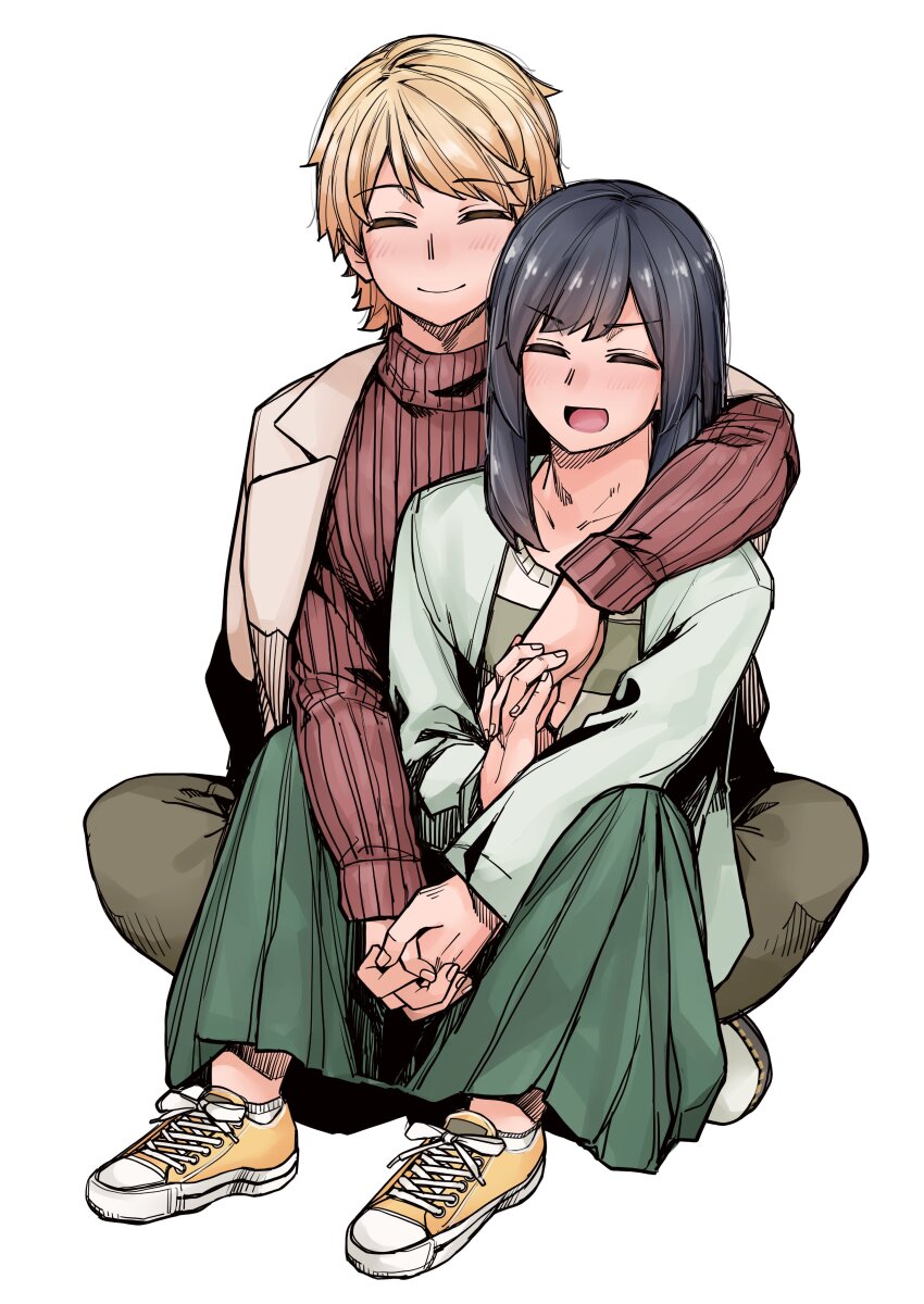 1boy 1girl absurdres akizakura_iori bag black_hair blonde_hair blush closed_eyes couple hetero highres holding_hands ikemen_joshi_to_josou_danshi interlocked_fingers long_hair long_skirt rindou_hazuki shoes short_hair skirt smile sneakers sweater tadd_(tatd)