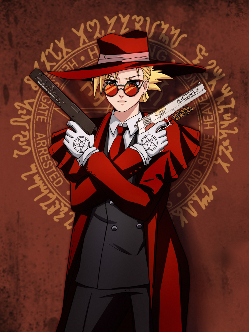 1girl absurdres alucard_(hellsing) alucard_(hellsing)_(cosplay) black_jacket black_pants blonde_hair brown_eyes coat commentary cosplay cowboy_shot dual_wielding finger_on_trigger folded_ponytail frown fullmetal_alchemist gun handgun hat hellsing highres holding holding_gun holding_weapon jacket korzynka_persykiv necktie pants red-tinted_eyewear red_coat red_hat red_necktie riza_hawkeye solo sunglasses tinted_eyewear weapon