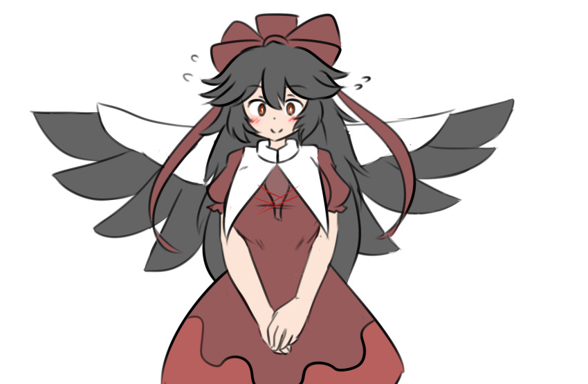 1girl bird_wings black_hair black_wings bow cape closed_mouth cosplay dress hair_bow highres kagiyama_hina kagiyama_hina_(cosplay) long_hair looking_at_viewer mizusoba own_hands_together puffy_short_sleeves puffy_sleeves red_bow red_dress red_eyes reiuji_utsuho short_sleeves simple_background smile solo touhou v-shaped_eyebrows white_background white_cape wings